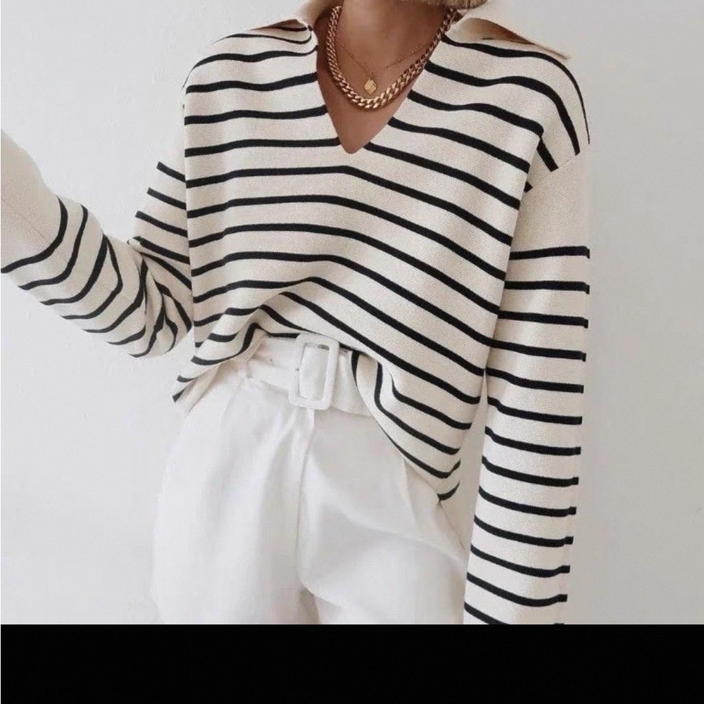 Striped V-Neck Sweater and Black Trousers
